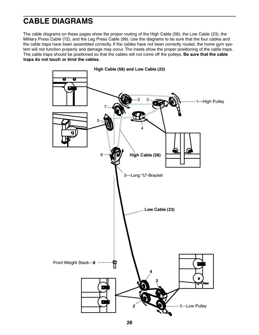 Weider 831.159380 user manual Cable Diagrams, High Cable 58 and Low Cable, Low Pulley 