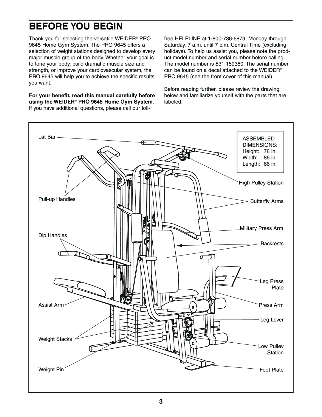 Weider 831.159380 user manual Before YOU Begin, For your benefit, read this manual carefully before 