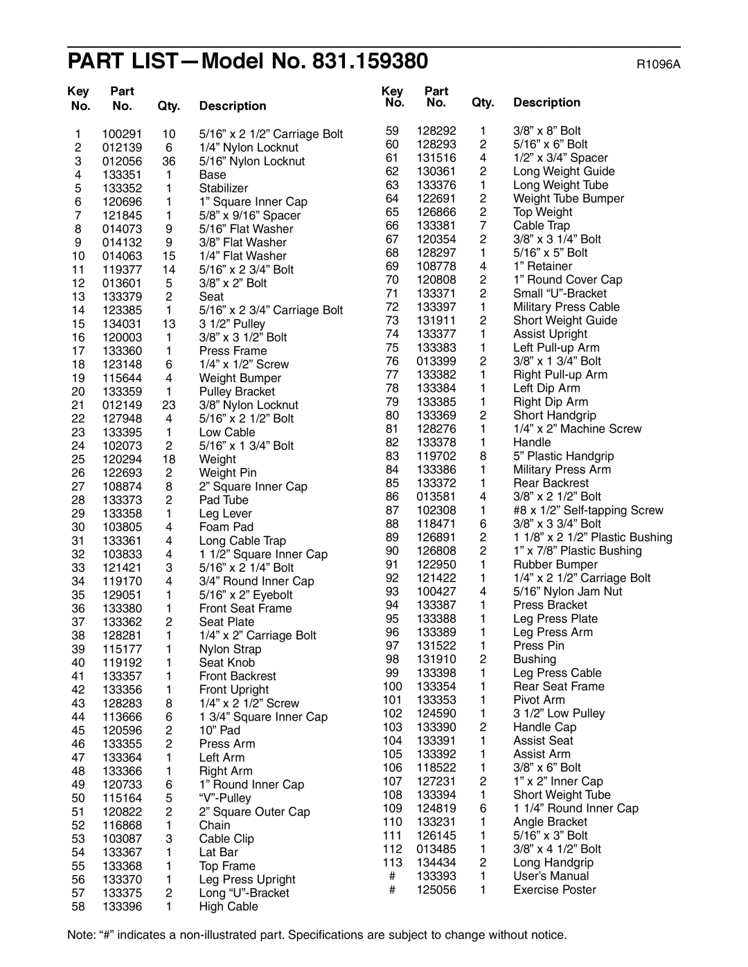 Weider 831.159380 user manual R1096A, Key Part Qty Description 