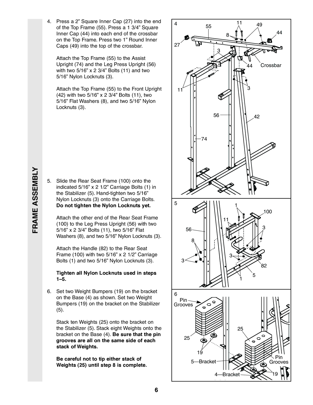 Weider 831.159380 Tighten all Nylon Locknuts used in steps, Stabilizer 5. Stack eight Weights onto, Stack of Weights 