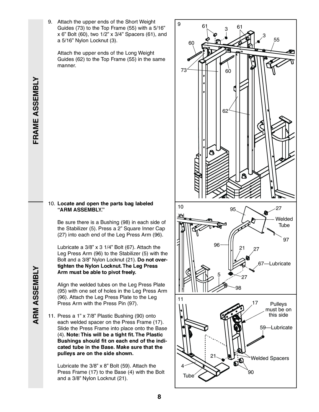 Weider 831.159380 user manual Locate and open the parts bag labeled ARM Assembly, Arm must be able to pivot freely 