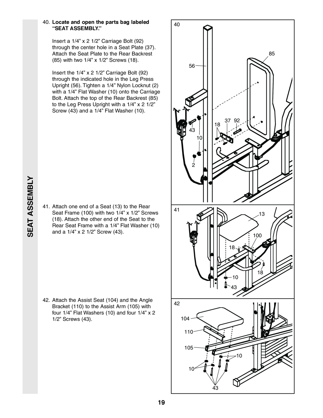 Weider 831.159380 user manual Seat Assembly, Locate and open the parts bag labeled “SEAT ASSEMBLY.” 