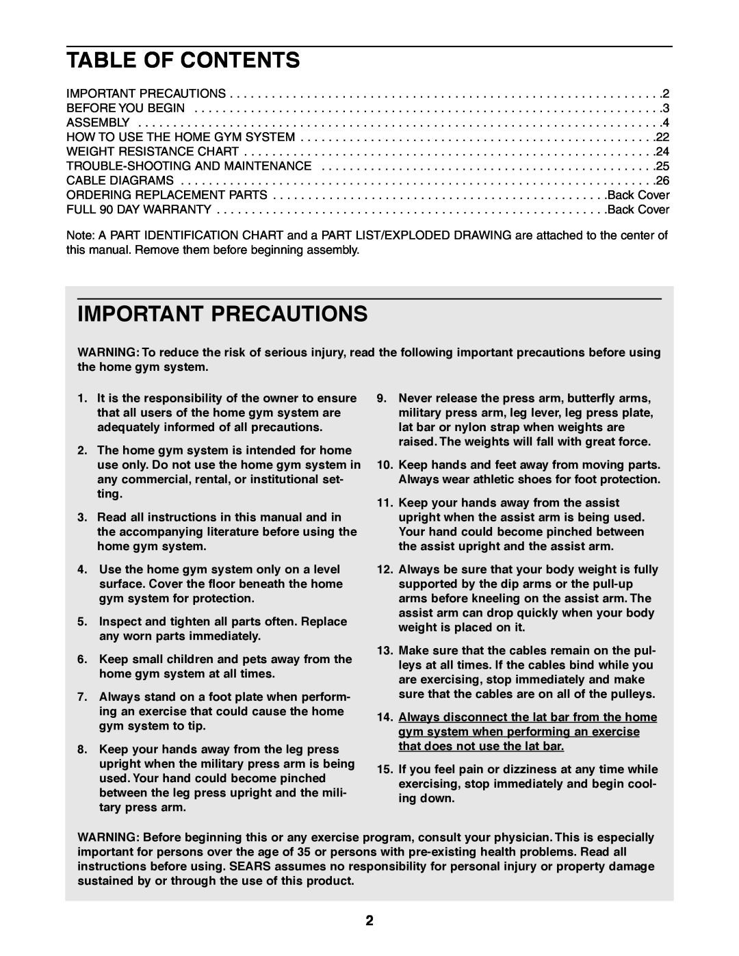 Weider 831.159380 user manual Table Of Contents, Important Precautions 