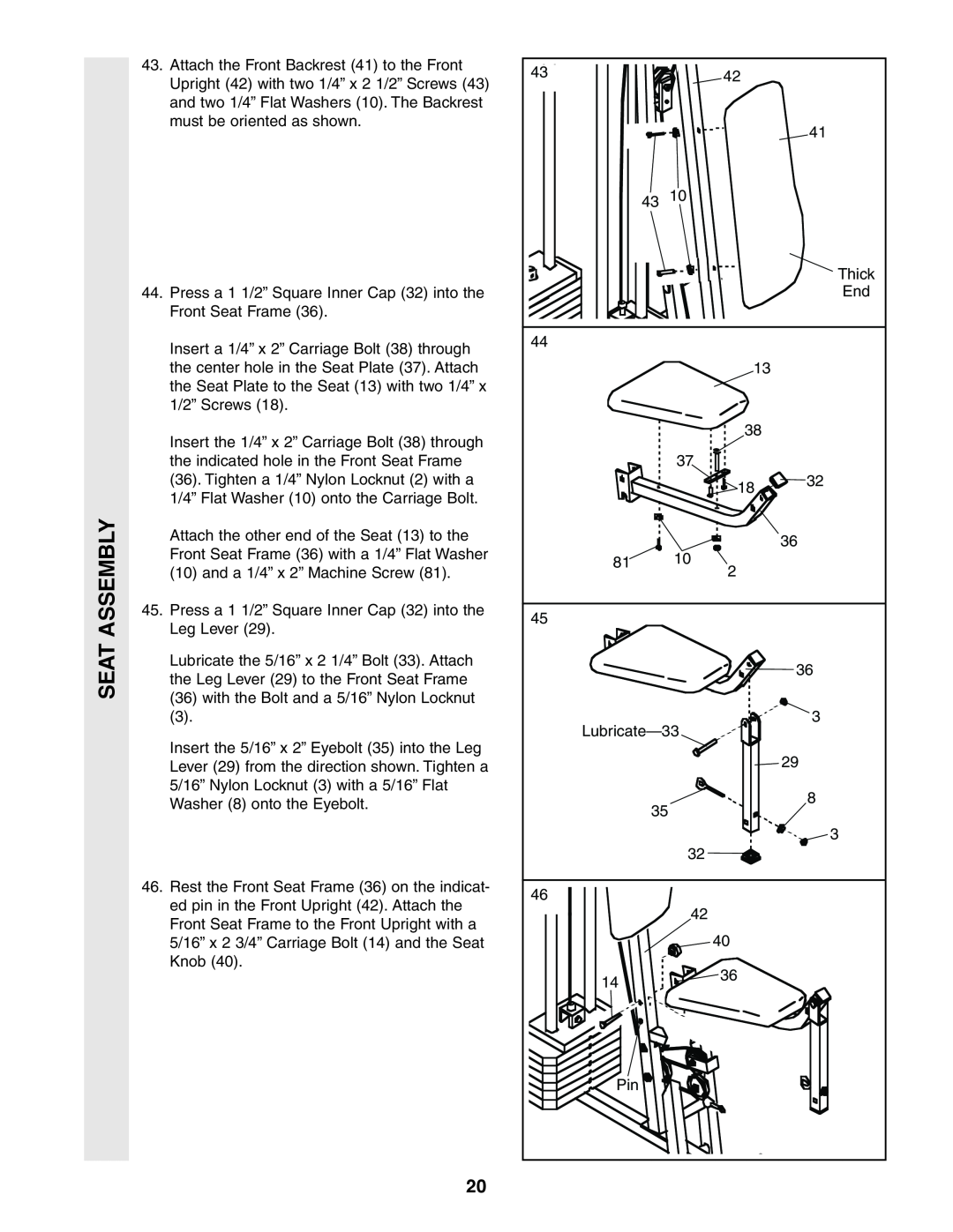 Weider 831.159380 user manual Seat, Assembly 