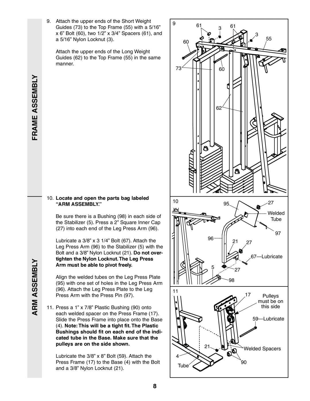 Weider 831.159380 Arm Assembly, Locate and open the parts bag labeled “ARM ASSEMBLY.”, Arm must be able to pivot freely 