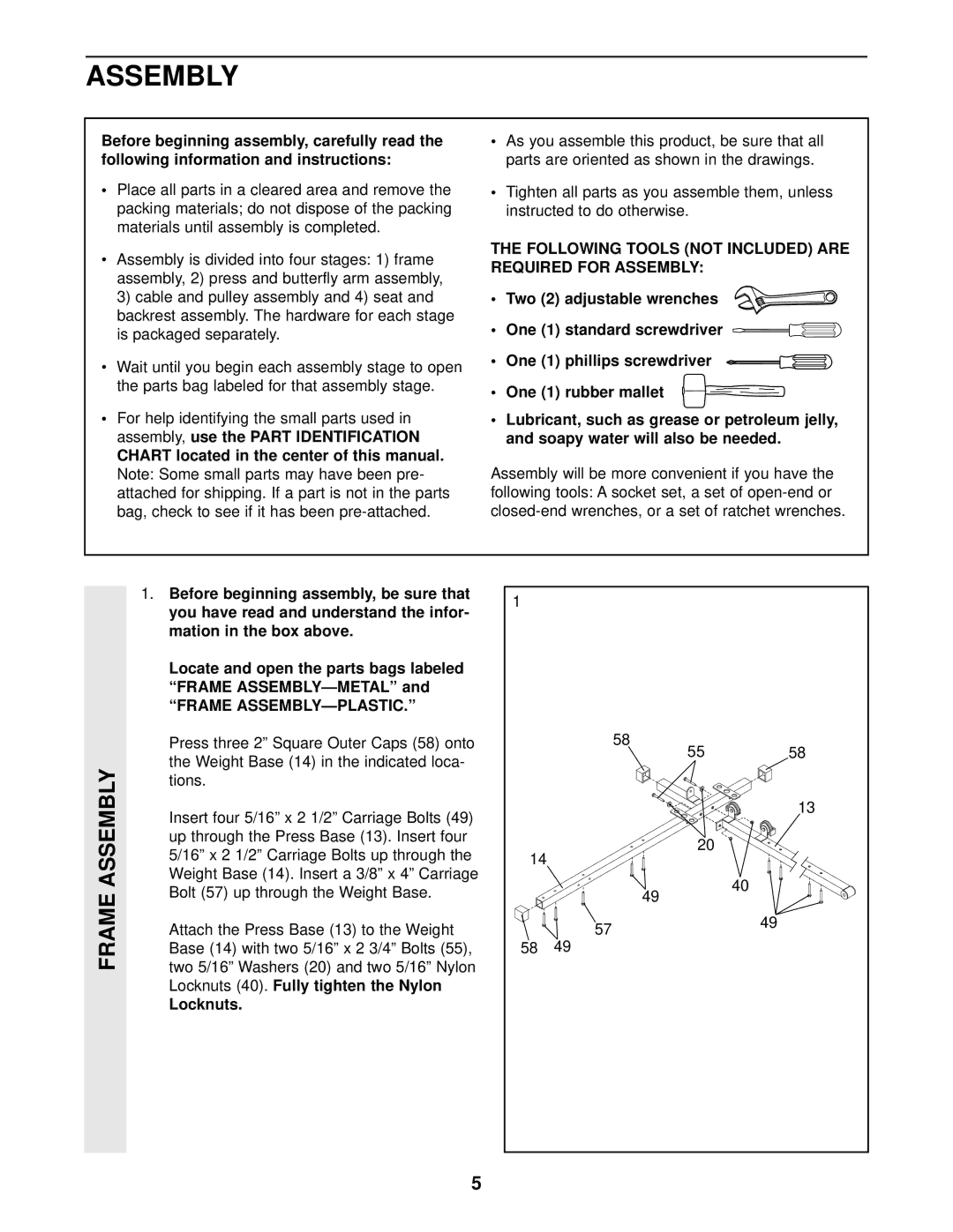 Weider 831.159390 user manual Following Tools not Included are Required for Assembly, Frame ASSEMBLY-PLASTIC, Locknuts 