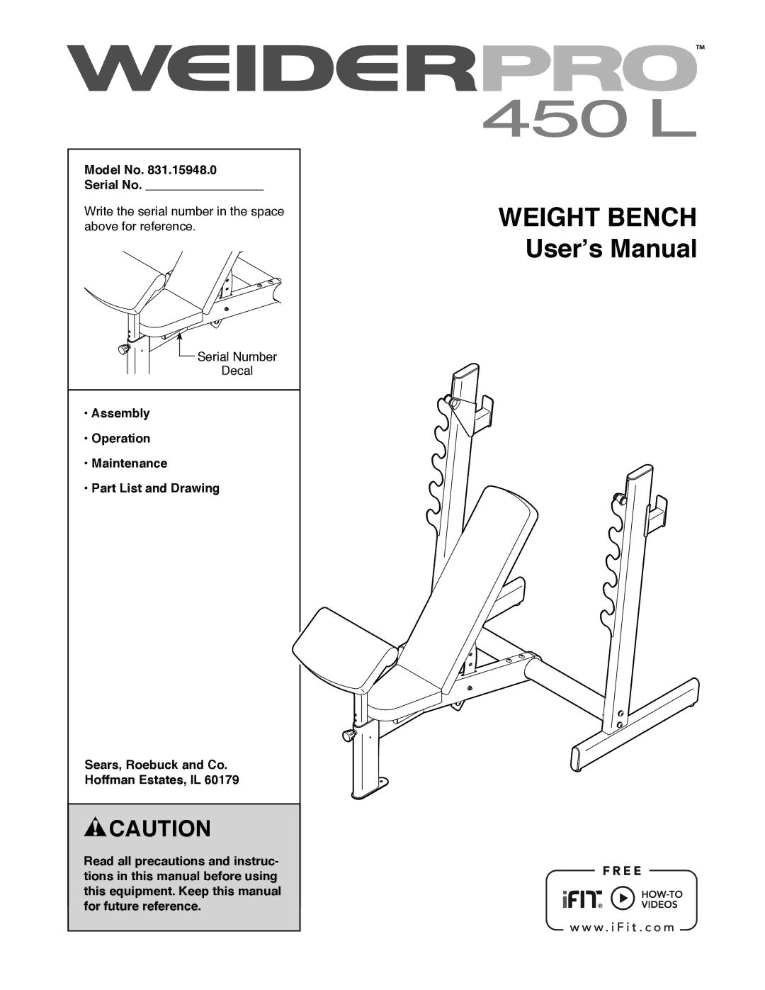 Weider 831.15948.0 manual Weight Bench User’’s Manual 