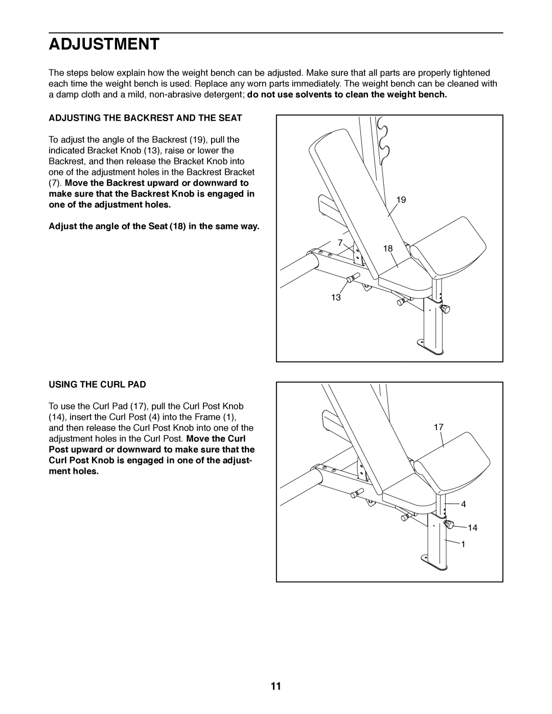 Weider 831.15948.0 manual Adjustment, Adjusting the Backrest and the Seat 