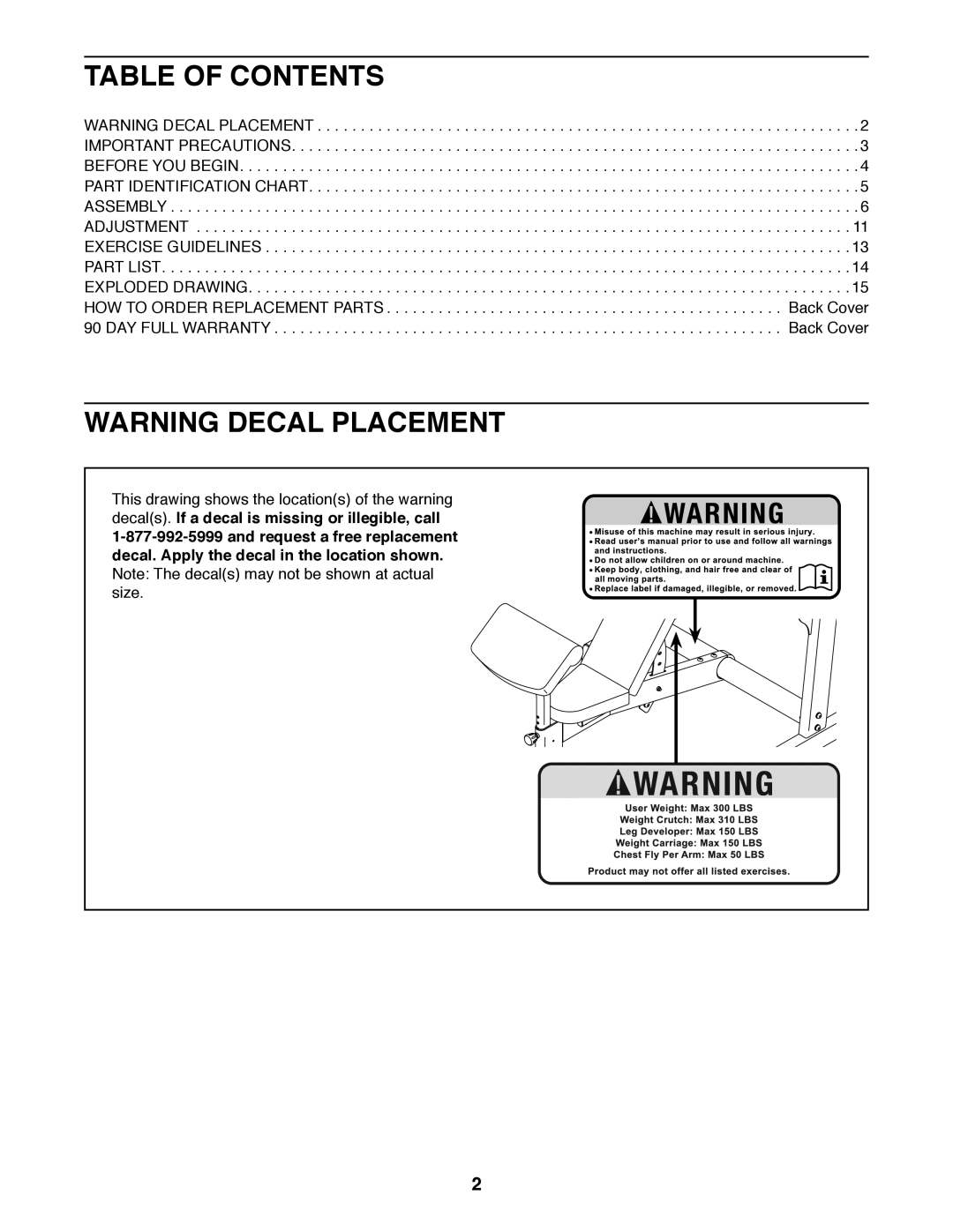 Weider 831.15948.0 manual Table of Contents 