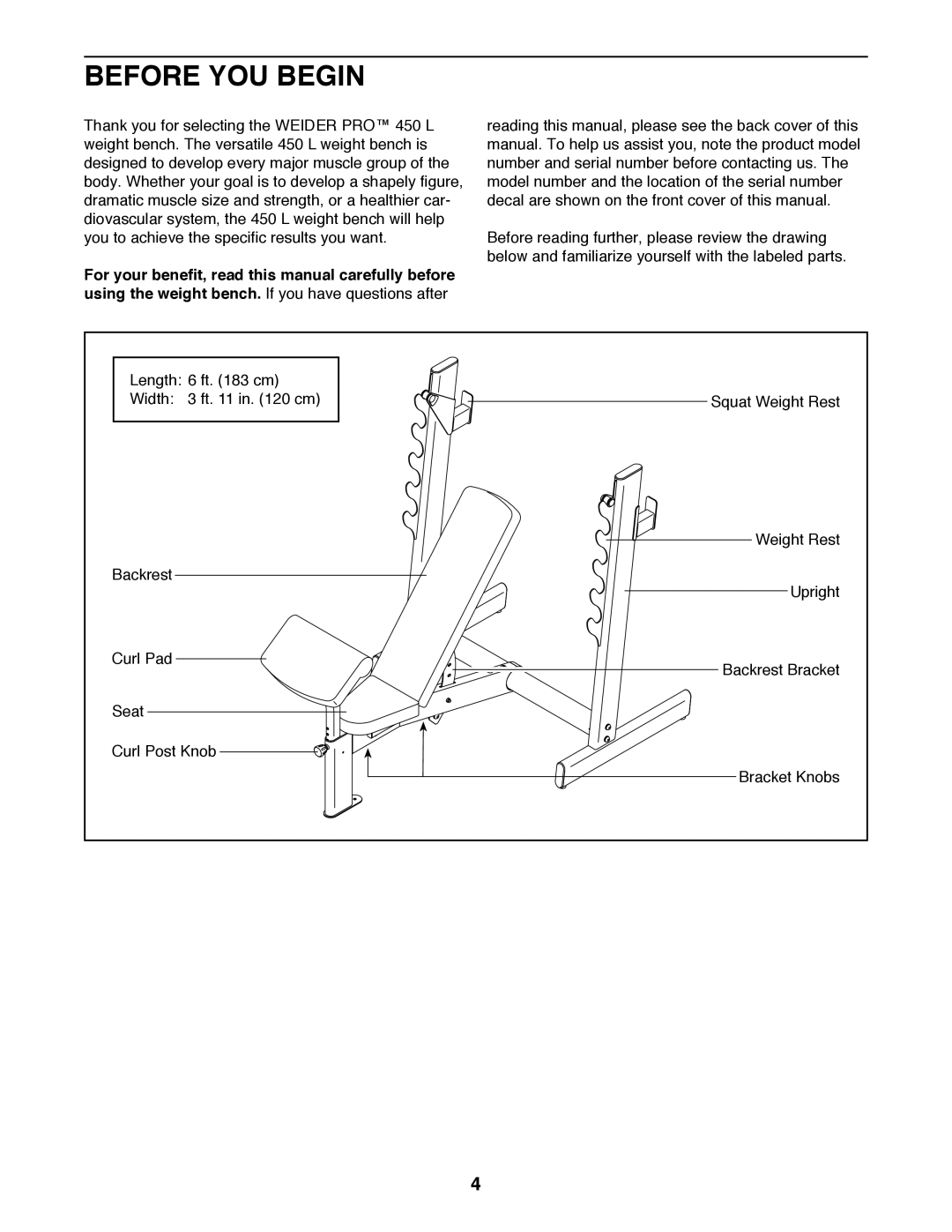 Weider 831.15948.0 manual Before YOU Begin 