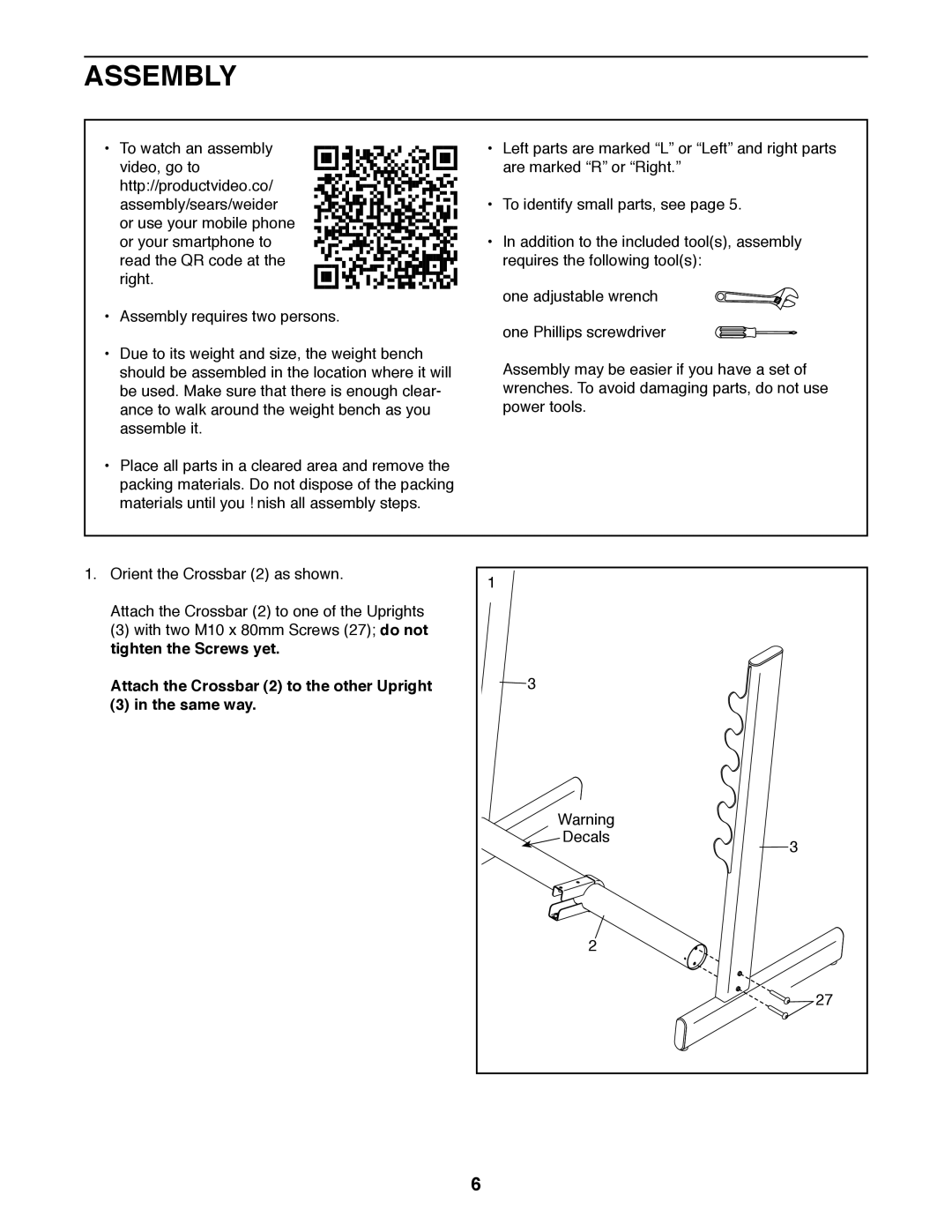 Weider 831.15948.0 manual Assembly 