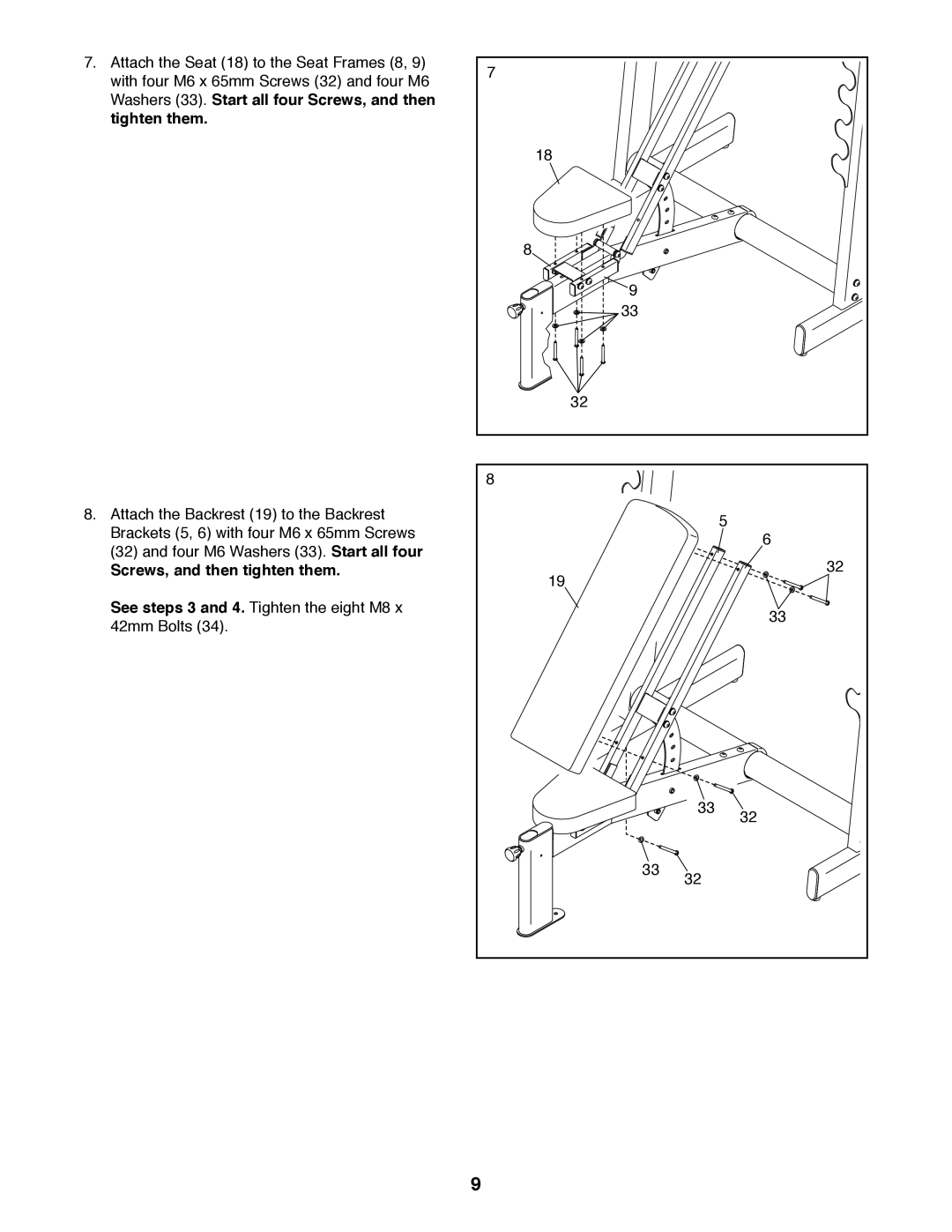 Weider 831.15948.0 manual Washers 33. Start all four Screws, and then Tighten them 