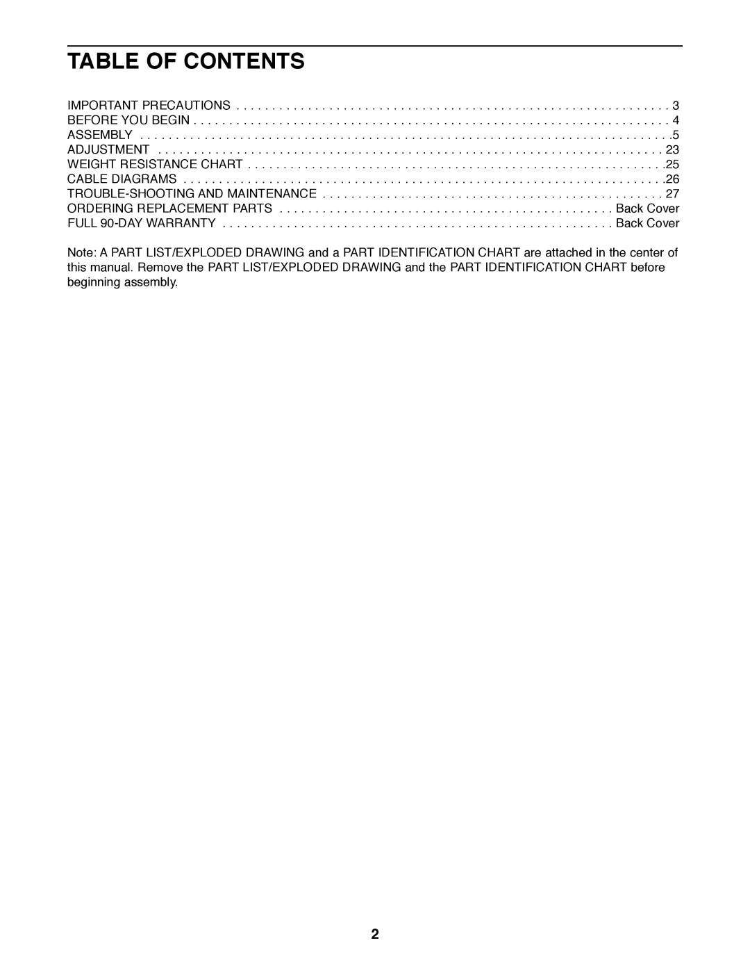 Weider 831.159530 user manual Table of Contents 