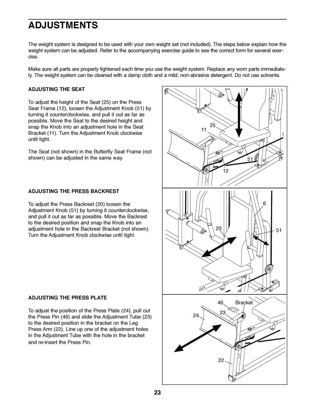 Weider 831.159530 user manual Adjustments, Adjusting the Seat, Adjusting the Press Backrest, Adjusting the Press Plate 