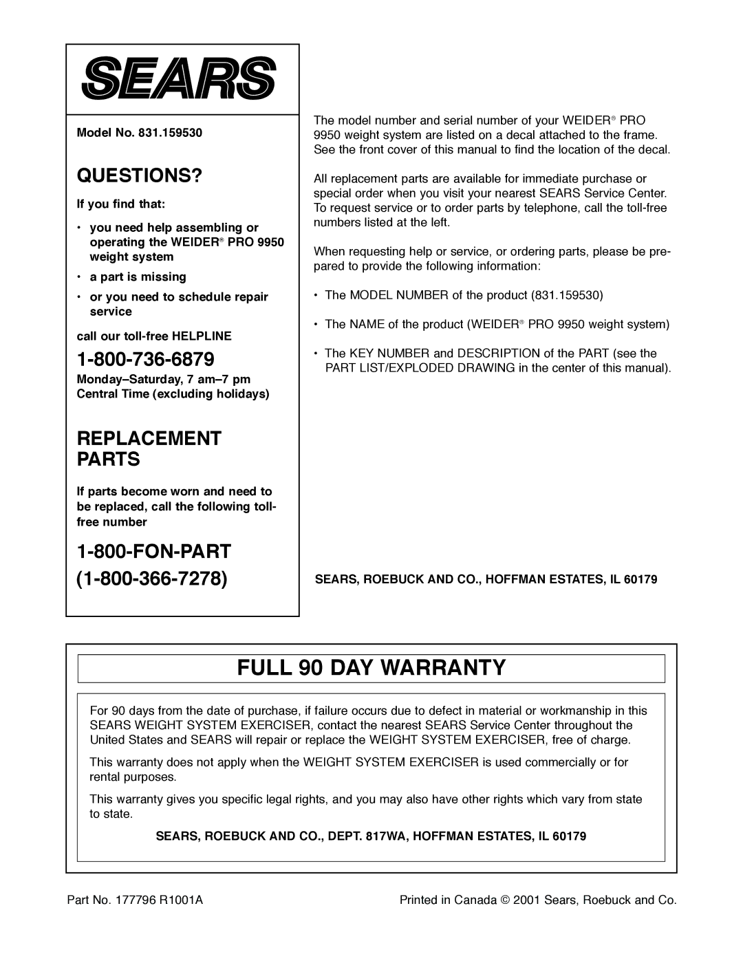 Weider 831.159530 user manual Full 90 DAY Warranty, Model No, SEARS, Roebuck and CO., Hoffman ESTATES, IL 