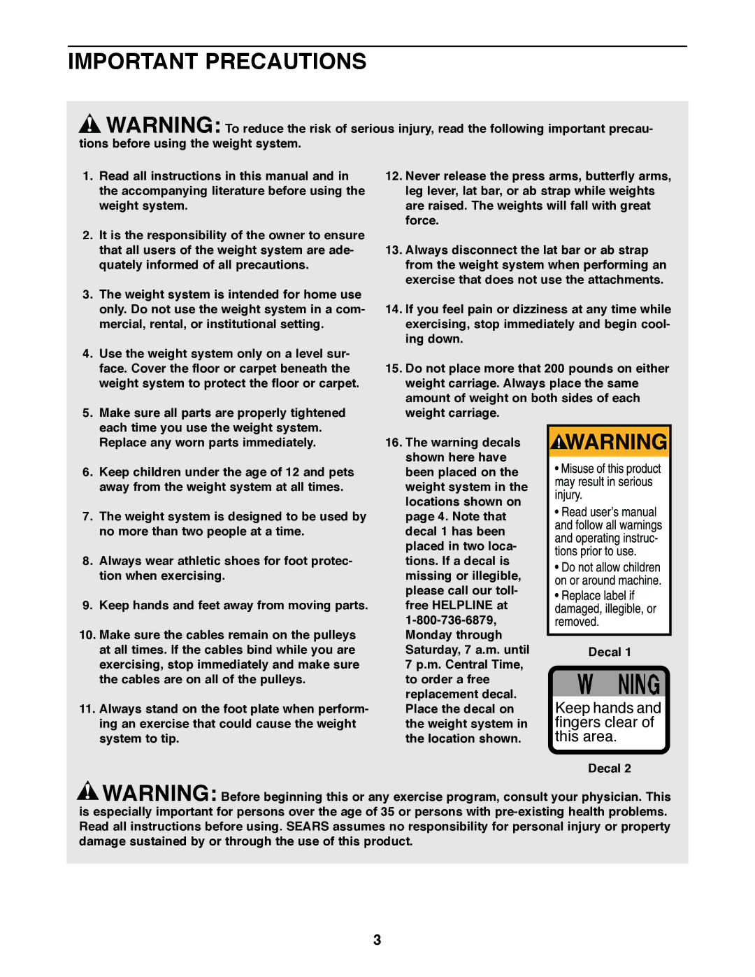 Weider 831.159530 user manual Important Precautions 