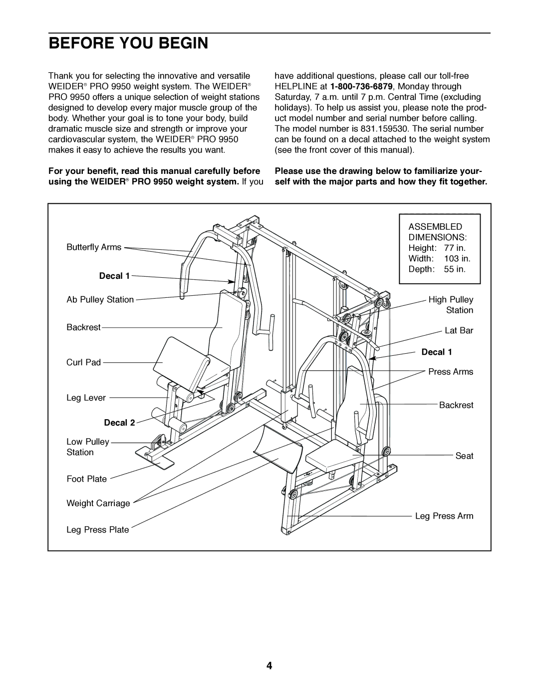 Weider 831.159530 user manual Before YOU Begin 