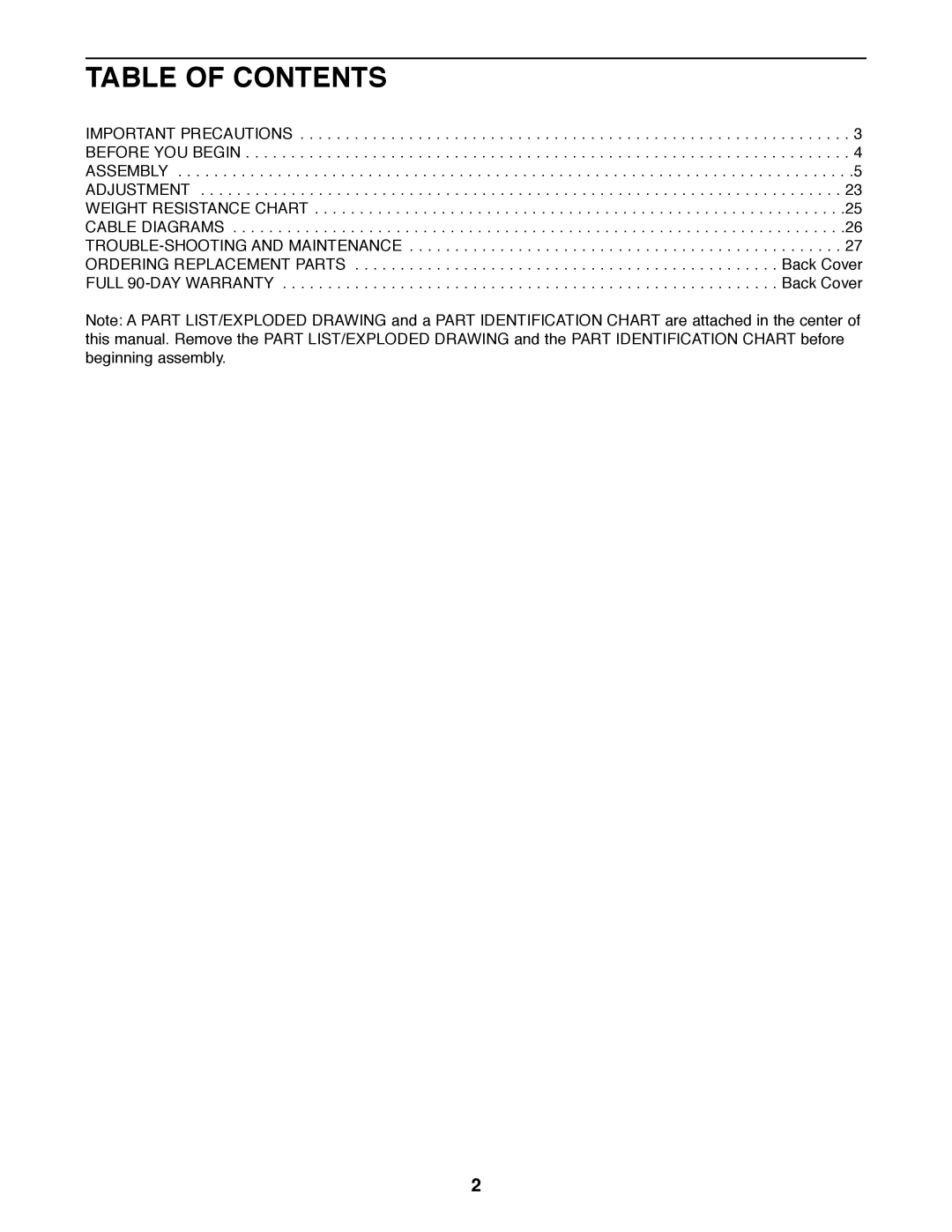 Weider 831.159530 user manual Table Of Contents 