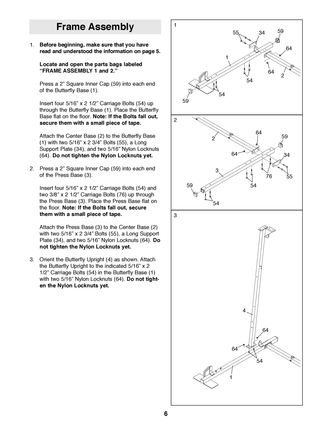 Weider 831.159530 user manual Frame Assembly, Locate and open the parts bags labeled “FRAME ASSEMBLY 1 and 2.” 