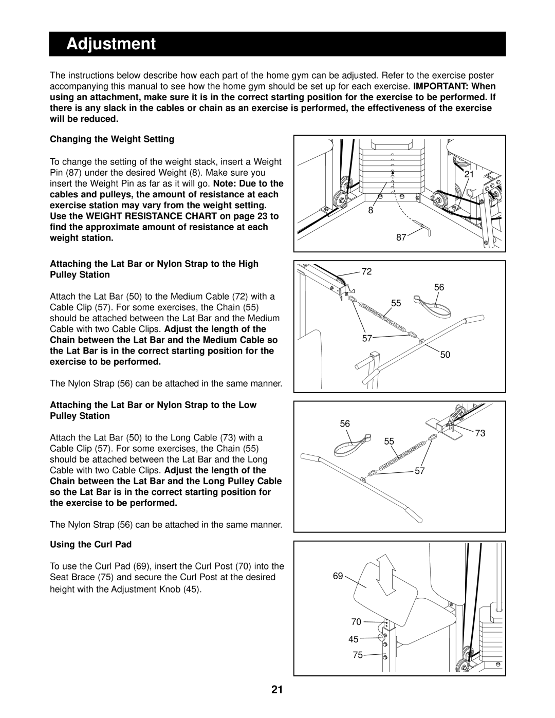 Weider 831.159720 user manual Adjustment, Changing the Weight Setting, Using the Curl Pad 