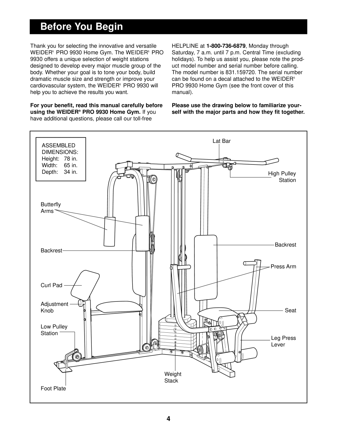 Weider 831.159720 user manual Before You Begin, Dimensions 