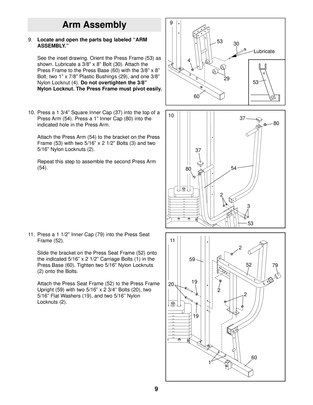 Weider 831.159720 user manual Arm Assembly, Locate and open the parts bag labeled ARM Assembly 