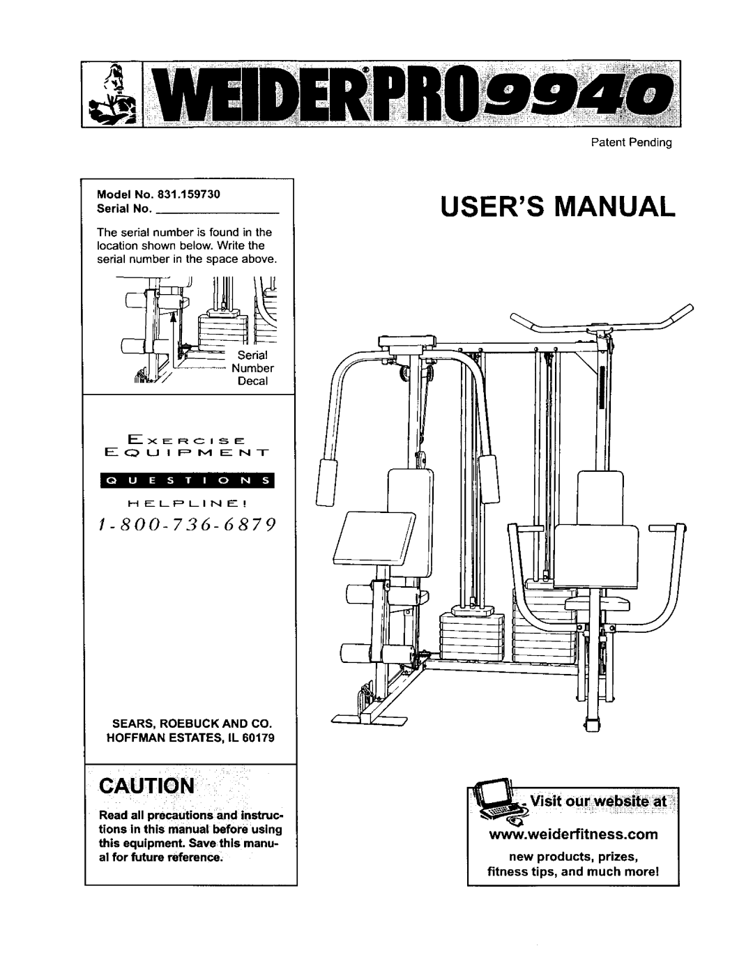 Weider 831.15973 user manual 800-72,6-6879 