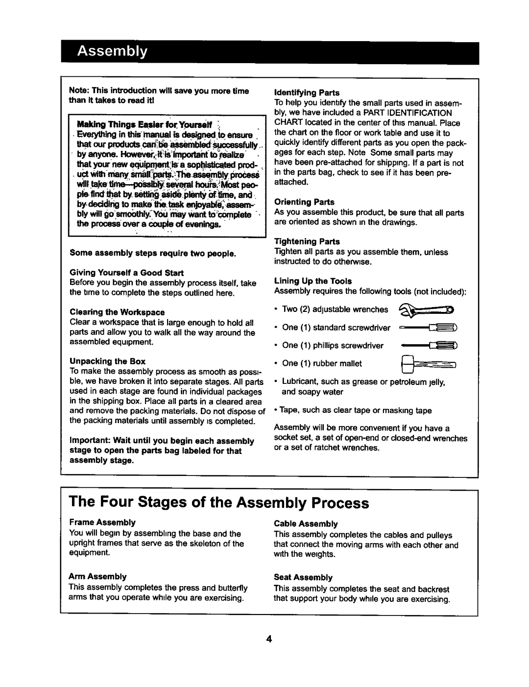 Weider 831.15973 user manual Four Stages of the Assembly Process 