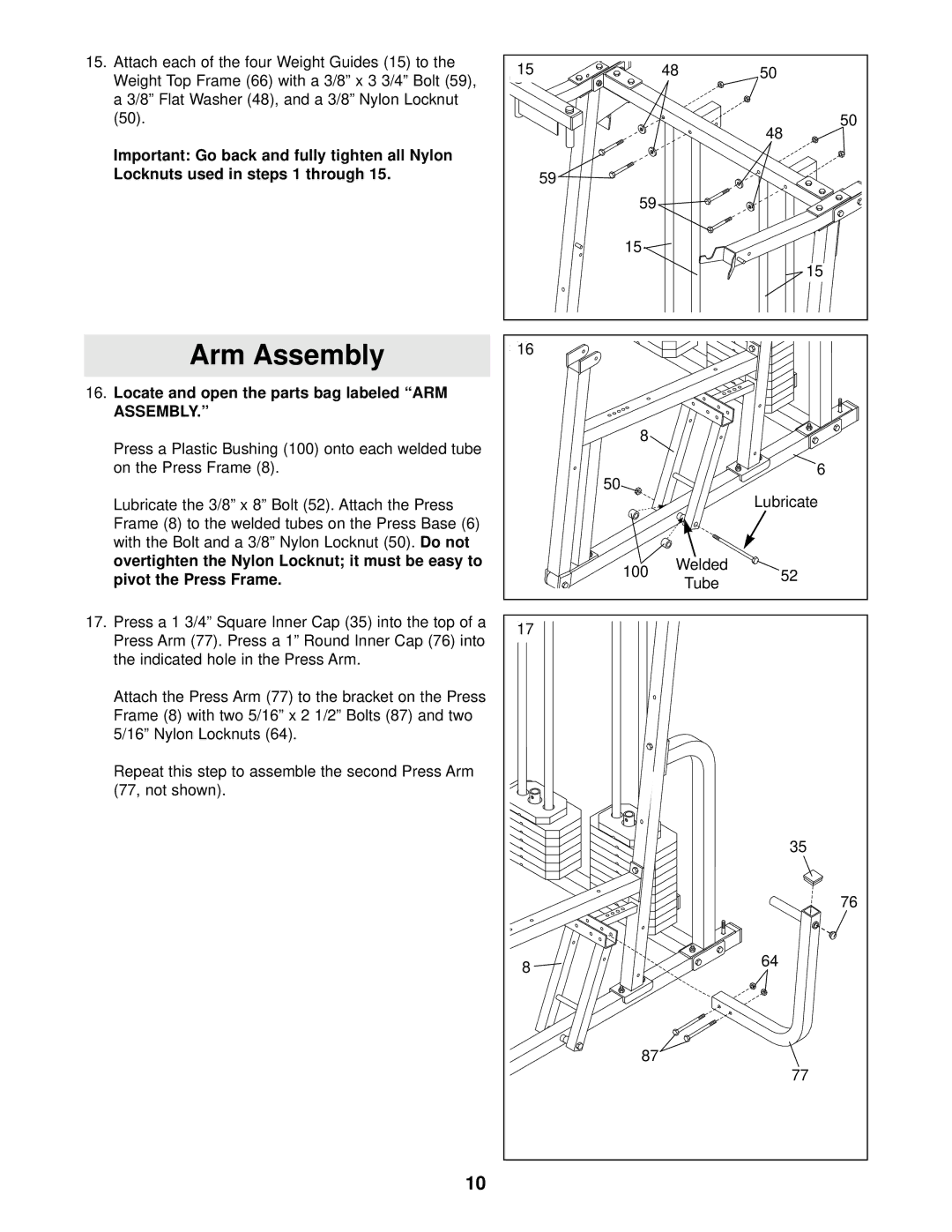 Weider 831.159730 user manual Arm Assembly, Locate and open the parts bag labeled ARM Assembly 