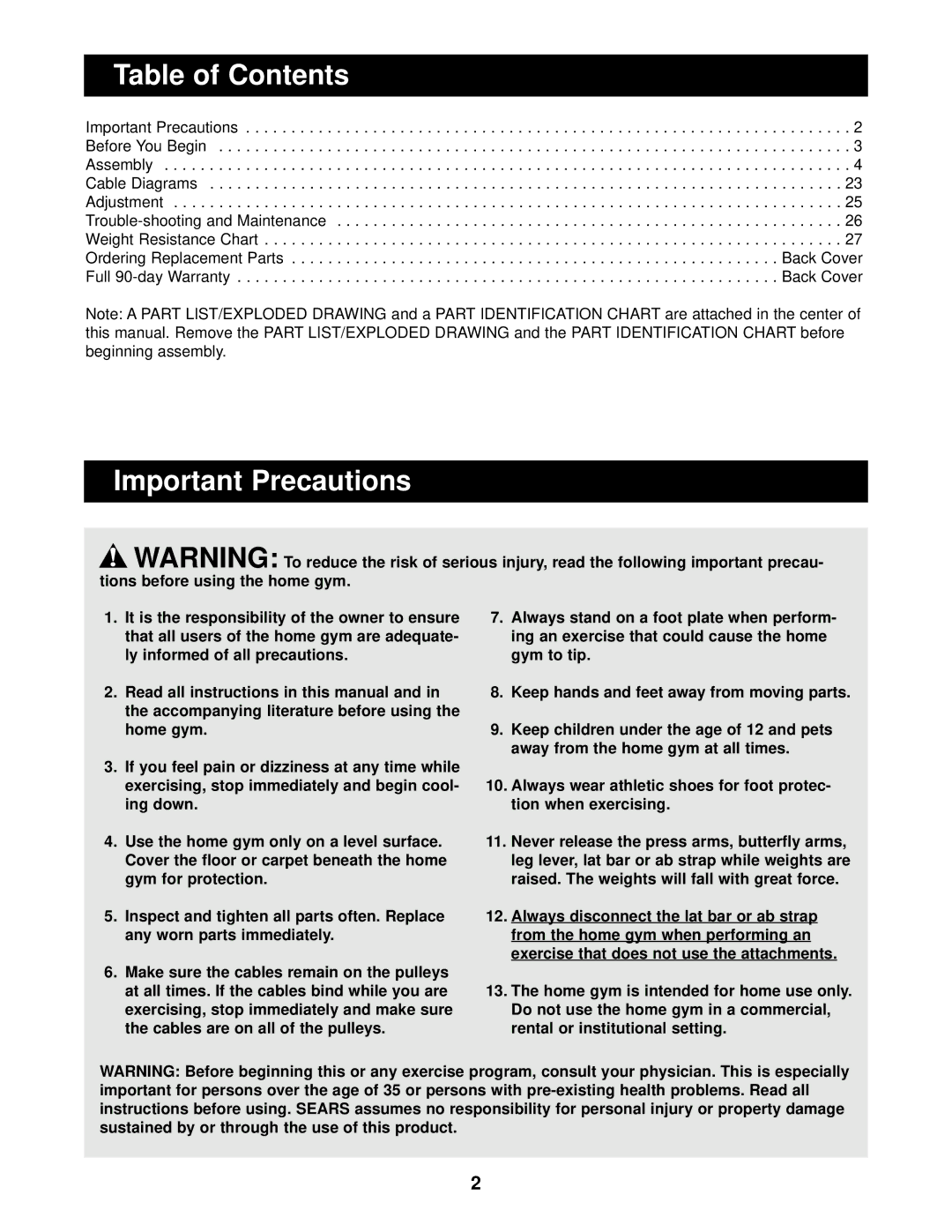 Weider 831.159730 user manual Table of Contents, Important Precautions 