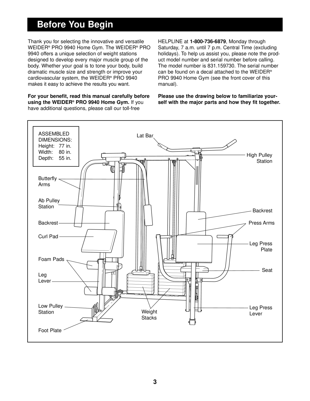 Weider 831.159730 user manual Before You Begin, Dimensions 