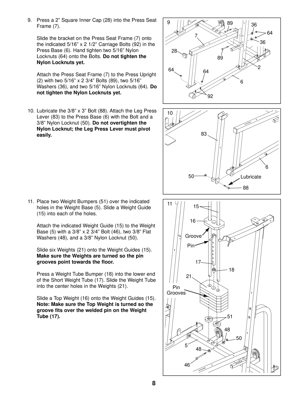 Weider 831.159730 user manual Nylon Locknuts yet, Nylon Locknut the Leg Press Lever must pivot easily 