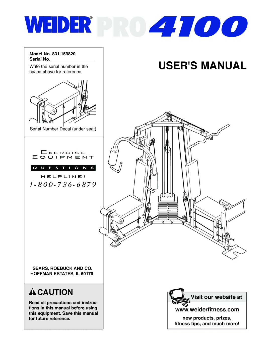 Weider 831.159820 user manual Model No Serial No, SEARS, Roebuck and CO. Hoffman ESTATES, IL 