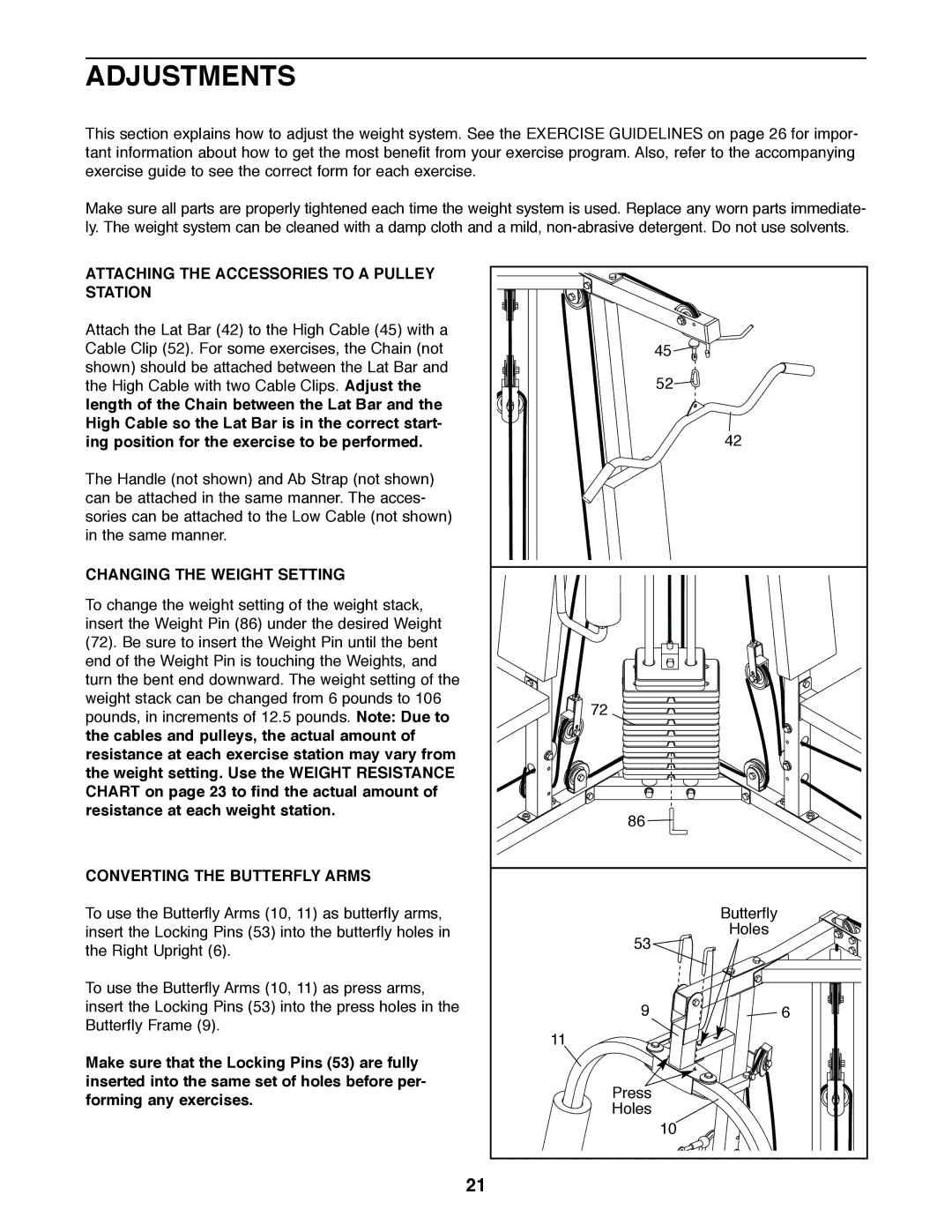 Weider 831.159820 user manual Adjustments, Attaching the Accessories to a Pulley Station, Changing the Weight Setting 