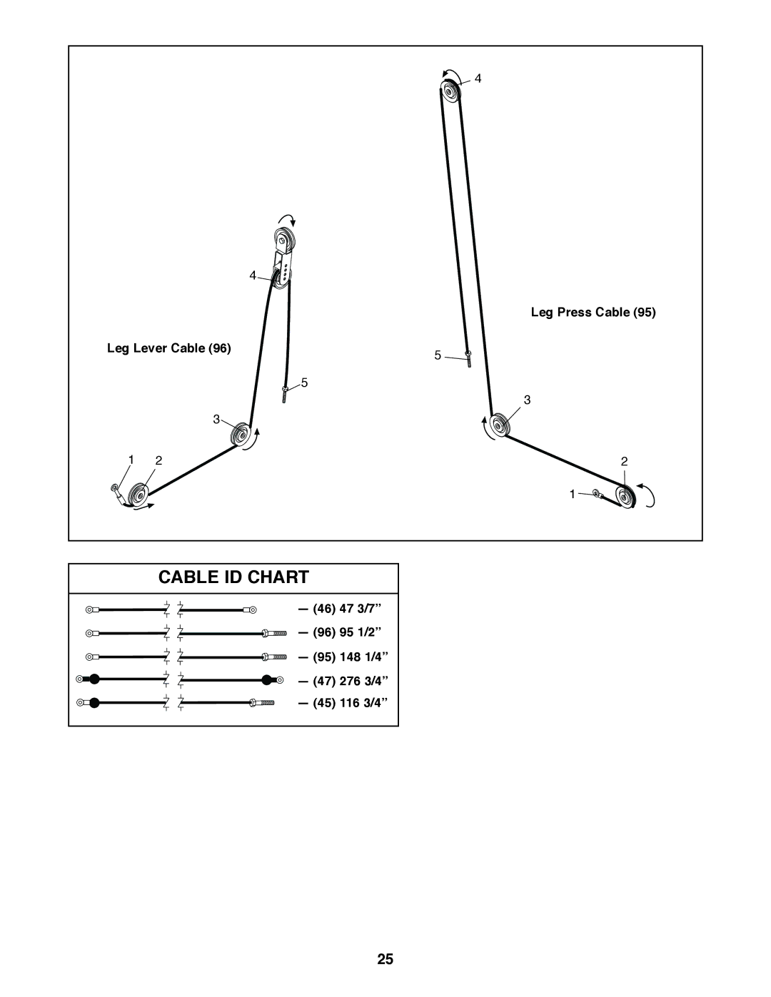 Weider 831.159820 user manual Leg Press Cable, Leg Lever Cable, 46 47 3/7 96 95 1/2 95 148 1/4 47 276 3/4 45 116 3/4 