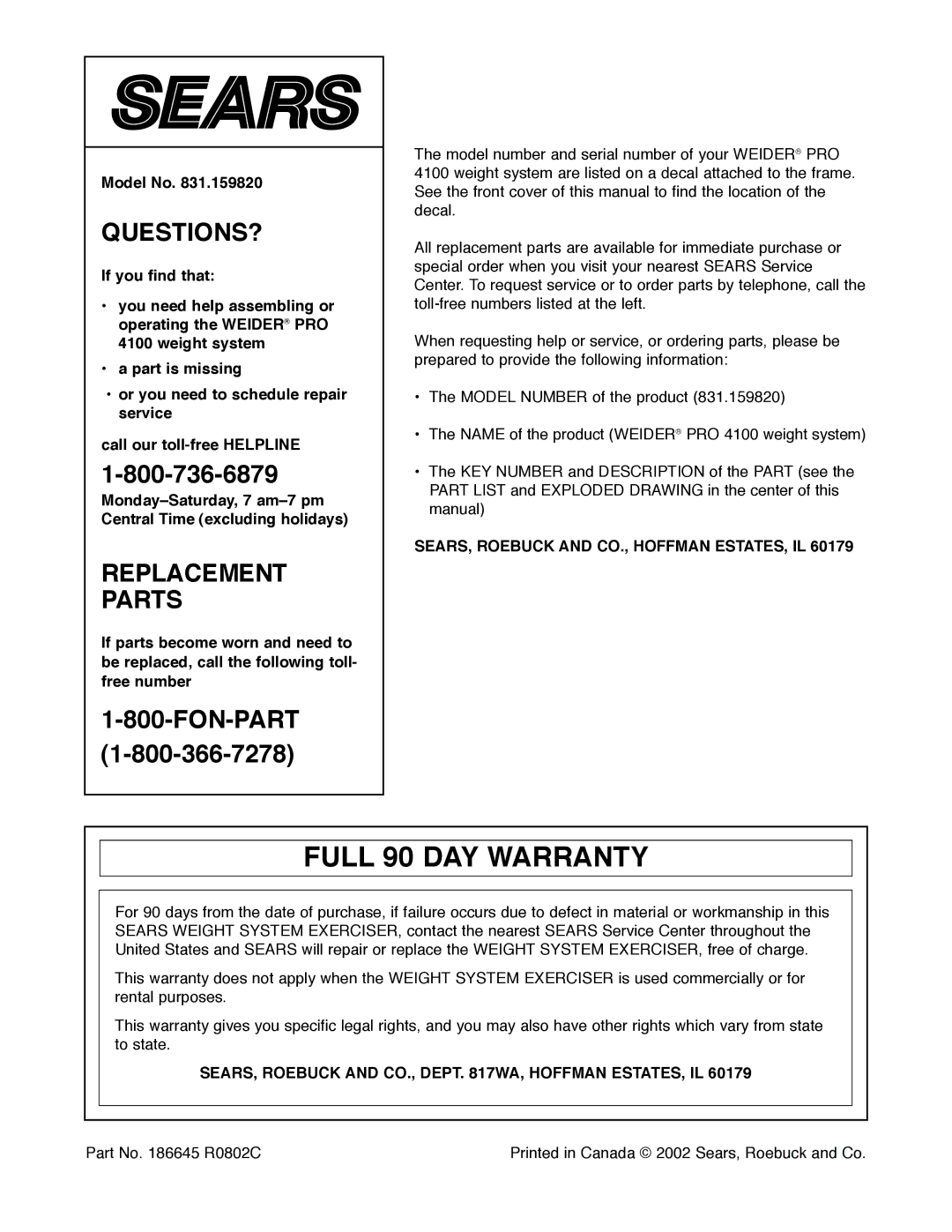 Weider 831.159820 user manual Full 90 DAY Warranty, Model No, SEARS, Roebuck and CO., Hoffman ESTATES, IL 