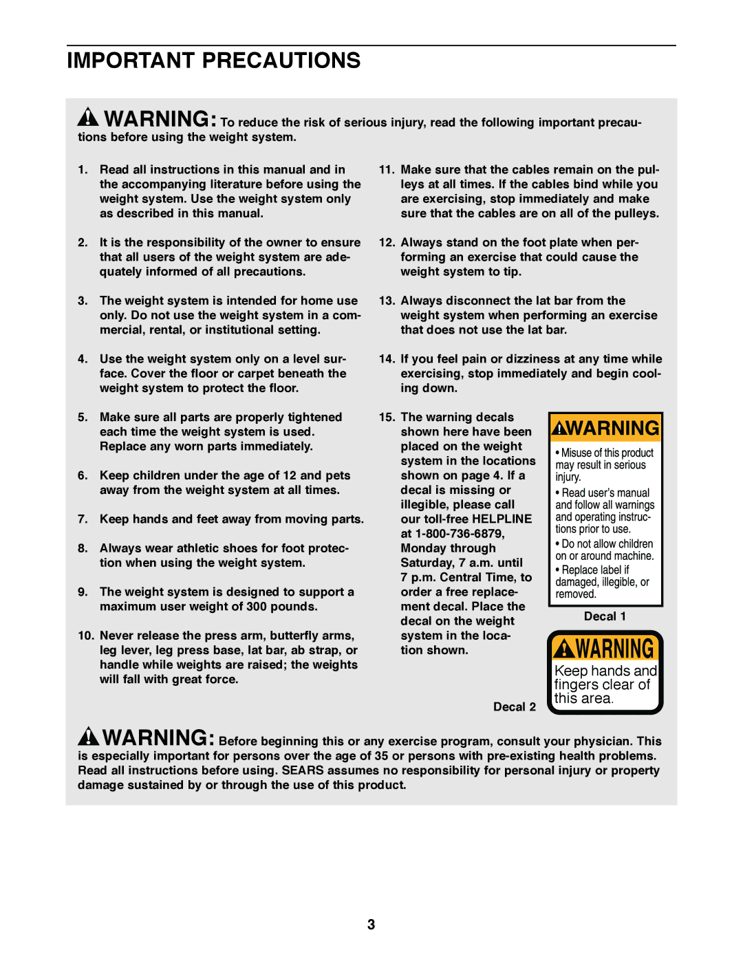 Weider 831.159820 user manual Important Precautions 