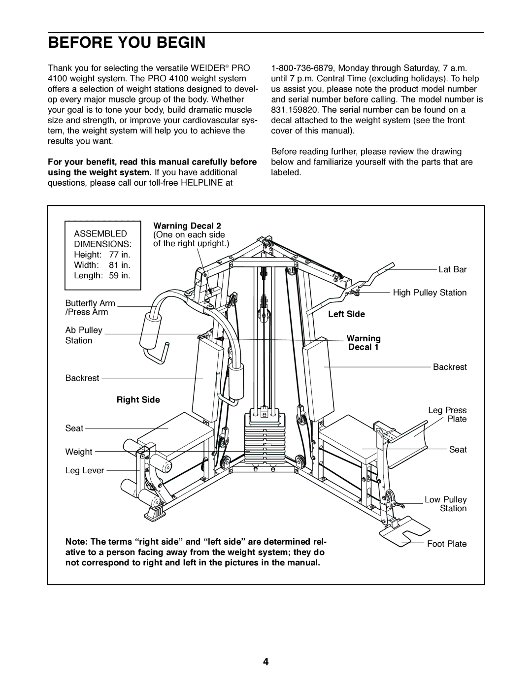 Weider 831.159820 user manual Before YOU Begin, For your benefit, read this manual carefully before, Left Side, Right Side 