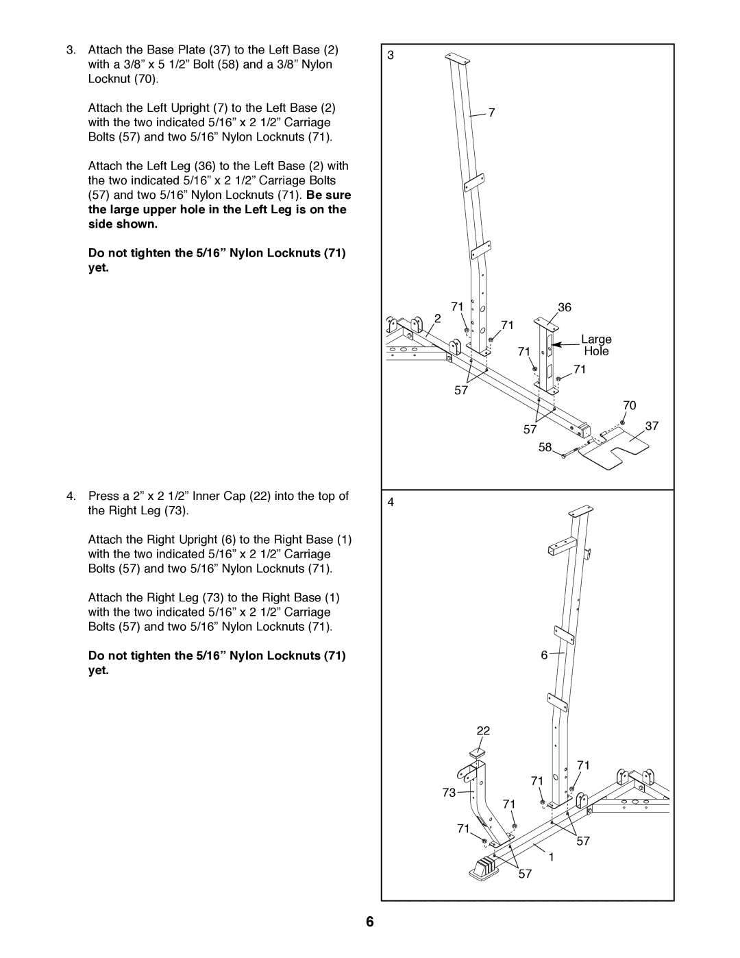 Weider 831.159820 user manual Do not tighten the 5/16 Nylon Locknuts 71 yet 