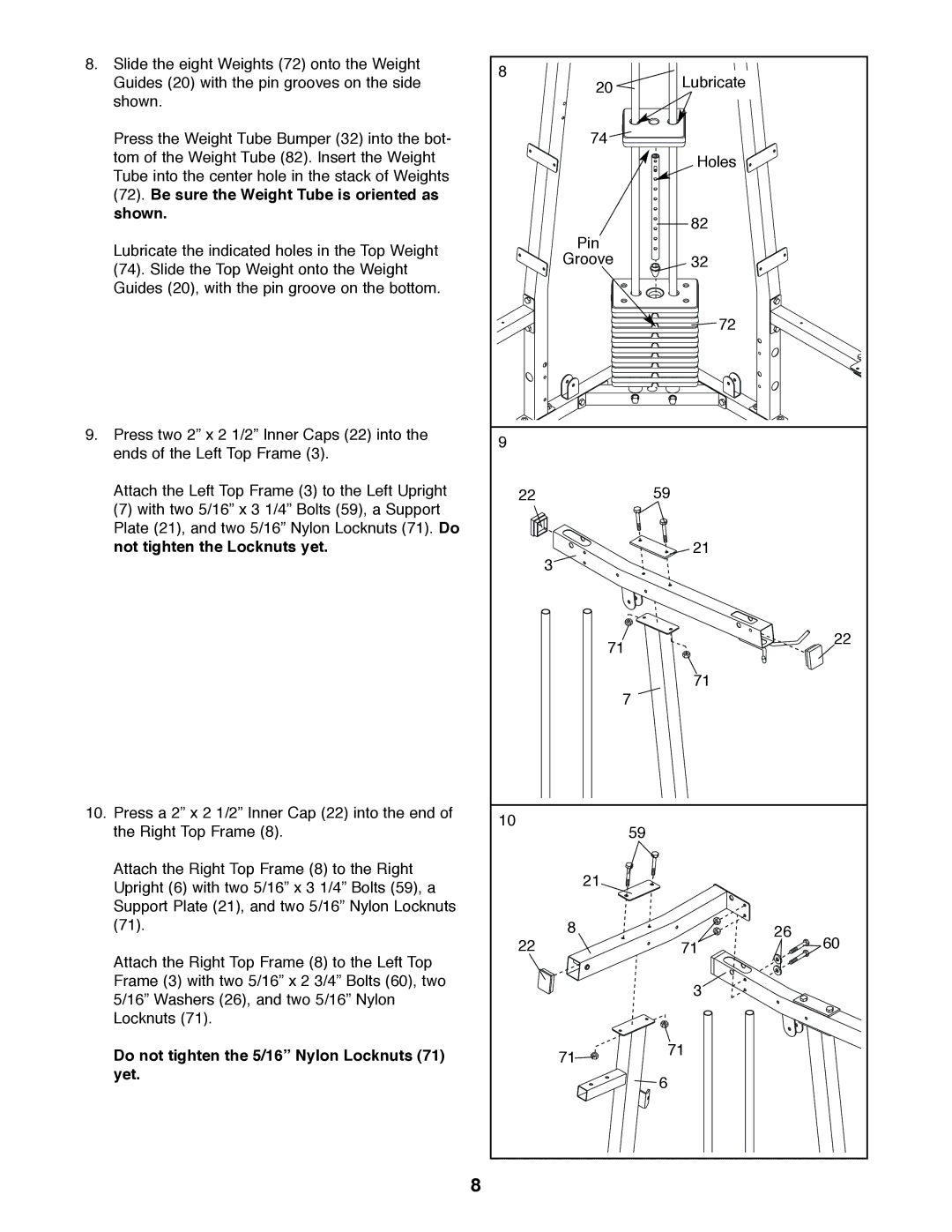 Weider 831.159820 user manual Lubricate Holes Pin Groove 