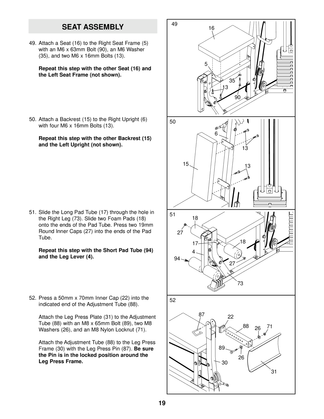 Weider 831.159821 user manual Seat Assembly 