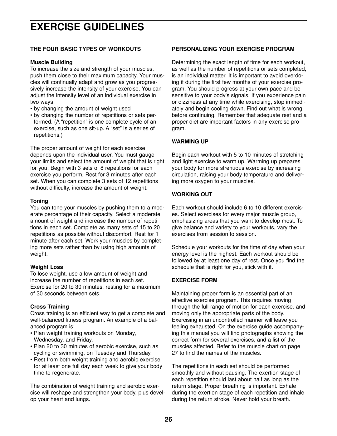 Weider 831.159821 user manual Exercise Guidelines 