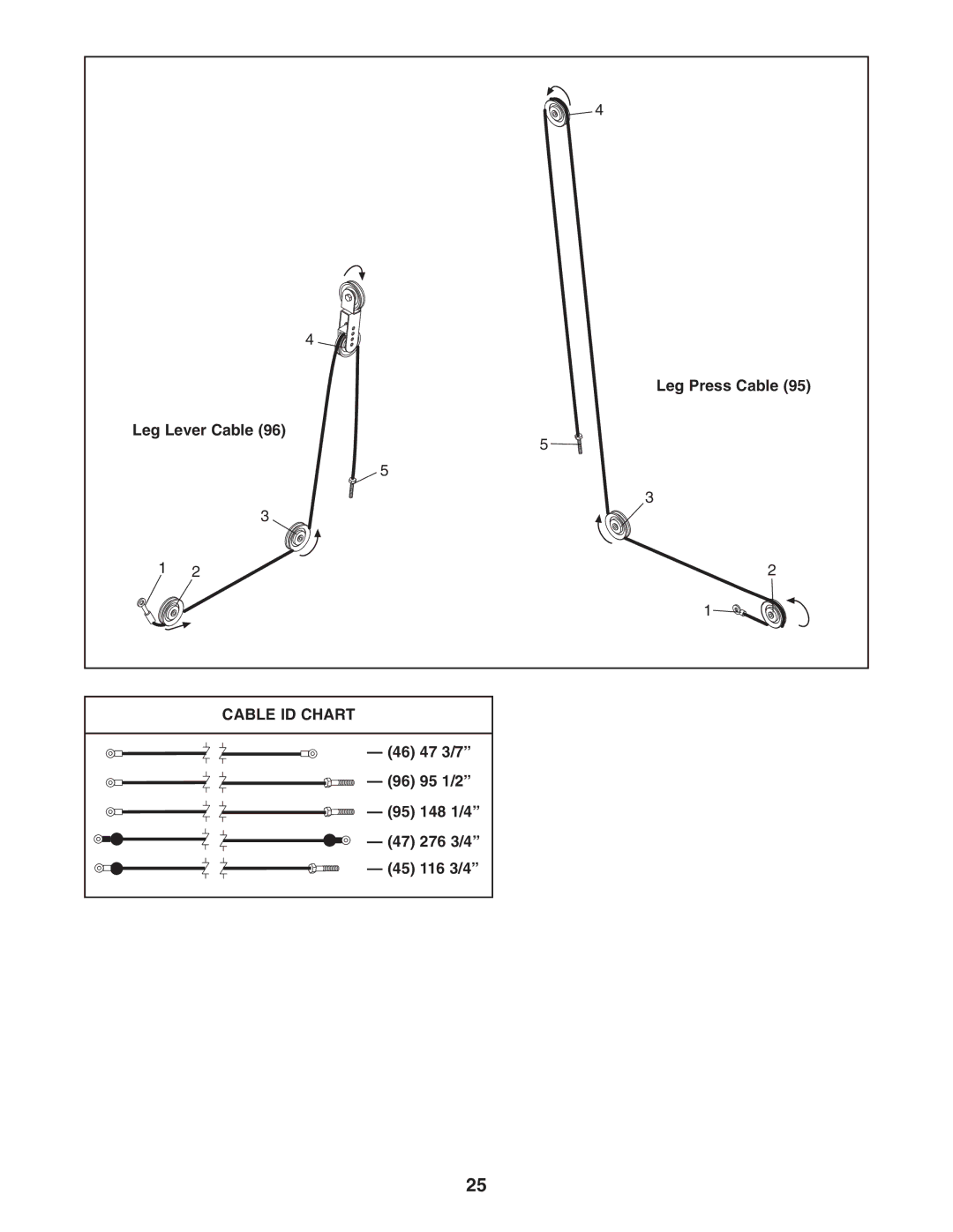 Weider 831.159822 Leg Press Cable, Leg Lever Cable, Cable ID Chart, 46 47 3/7 96 95 1/2 95 148 1/4 47 276 3/4 45 116 3/4 