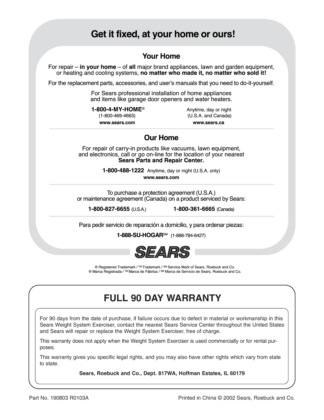 Weider 831.159822 user manual Full 90 DAY Warranty, Sears, Roebuck and Co., Dept WA, Hoffman Estates, IL 