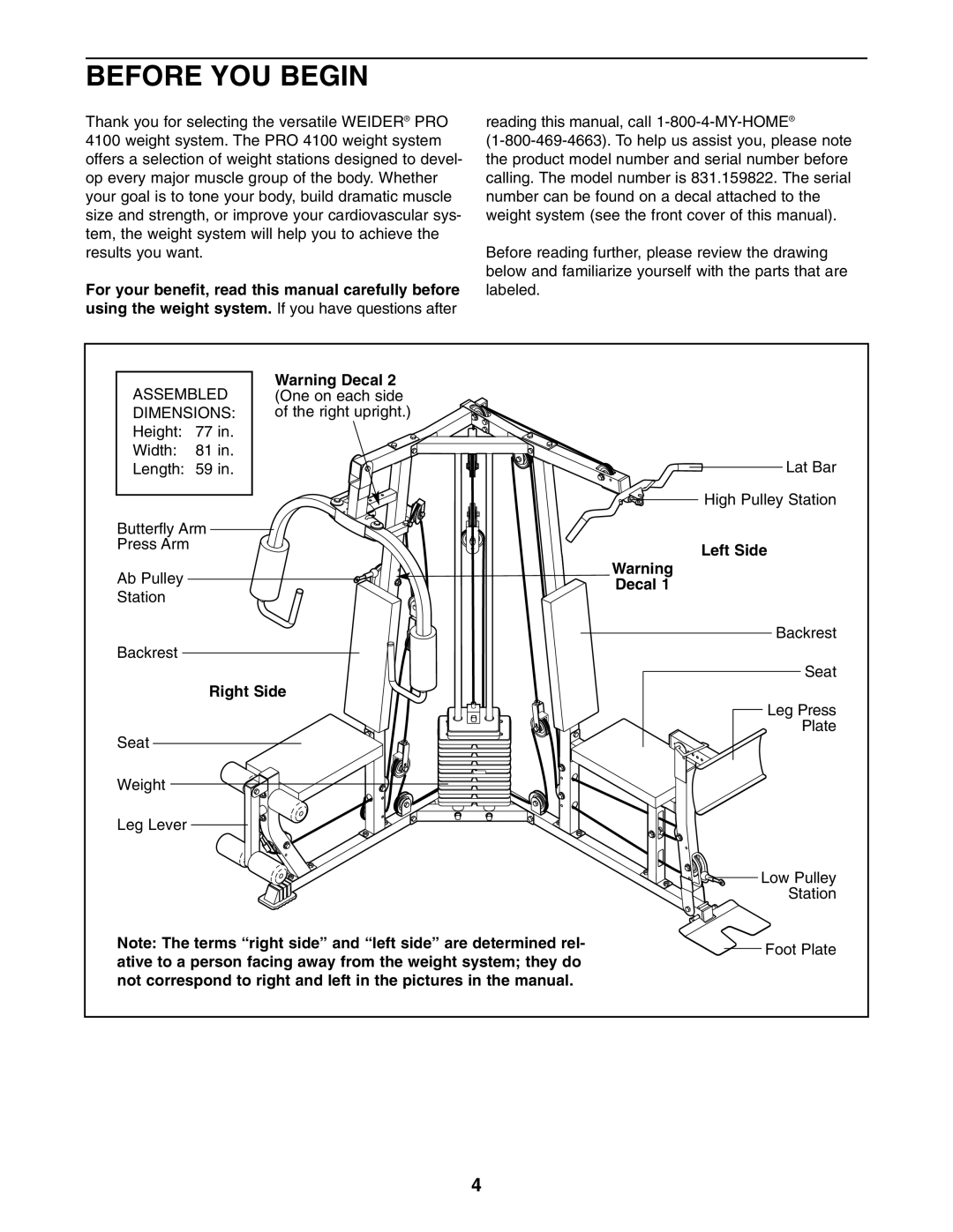 Weider 831.159822 user manual Before YOU Begin, Right Side, Left Side Decal, Foot Plate 