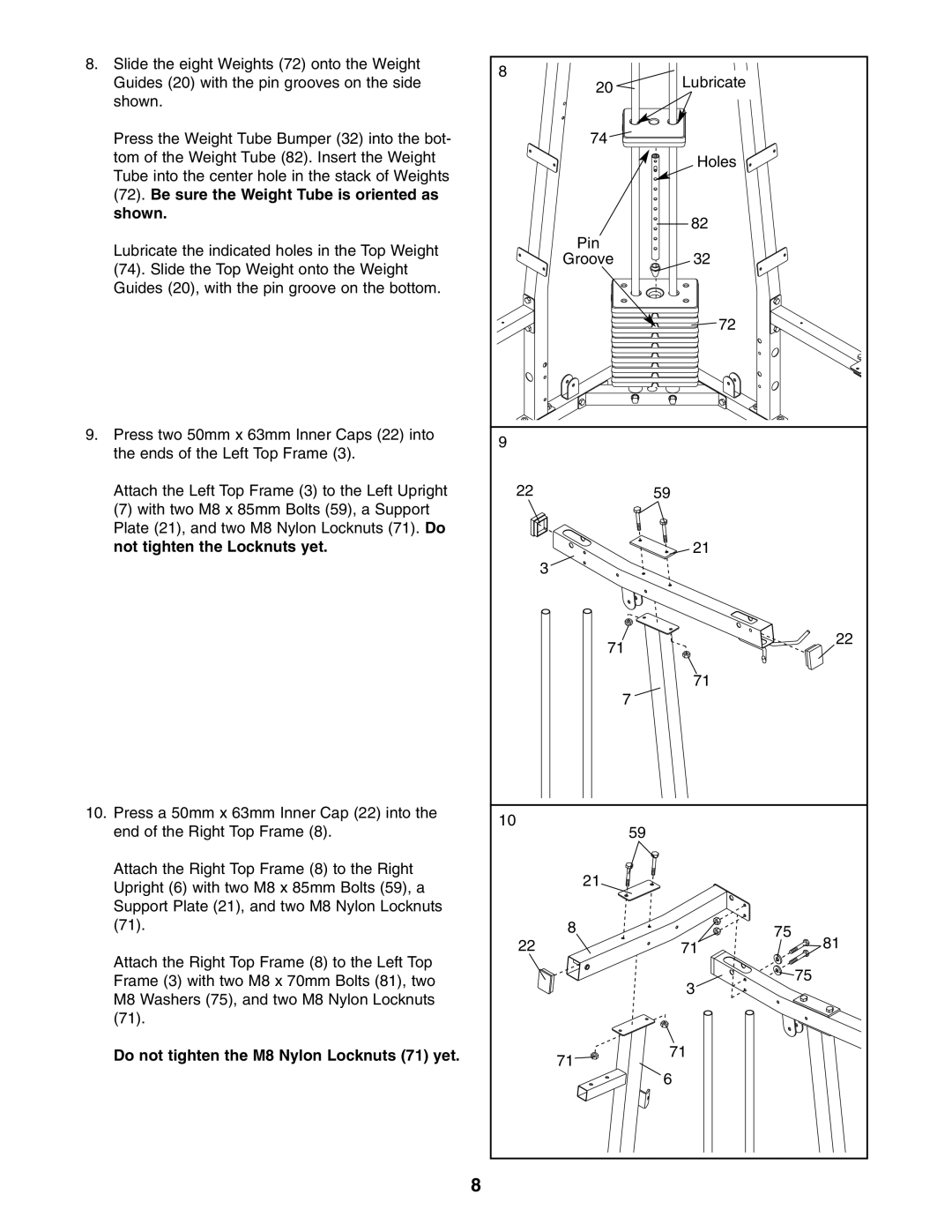 Weider 831.159822 user manual Lubricate Holes Pin Groove 