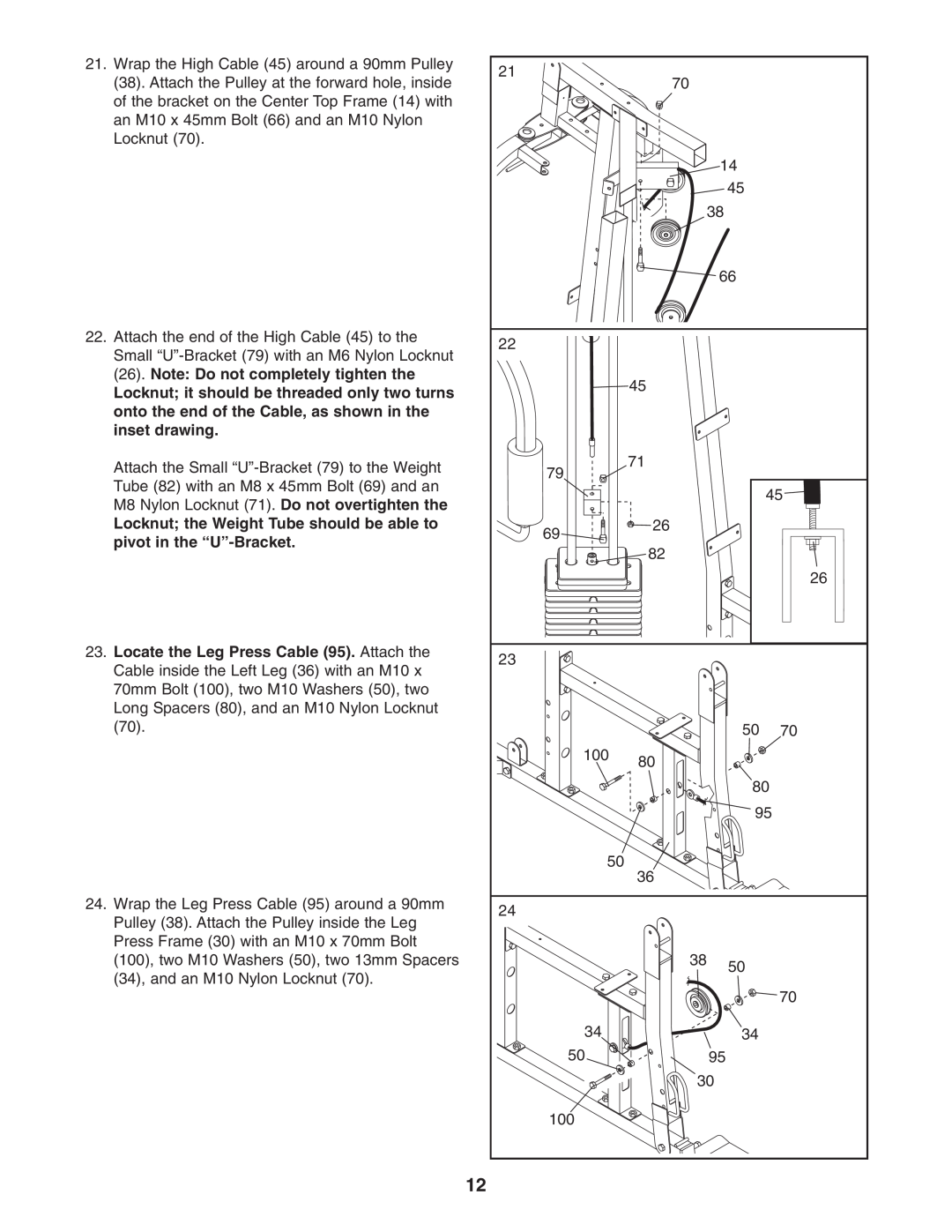 Weider 831.159822 user manual Locknut the Weight Tube should be able to pivot in the “U”-Bracket 