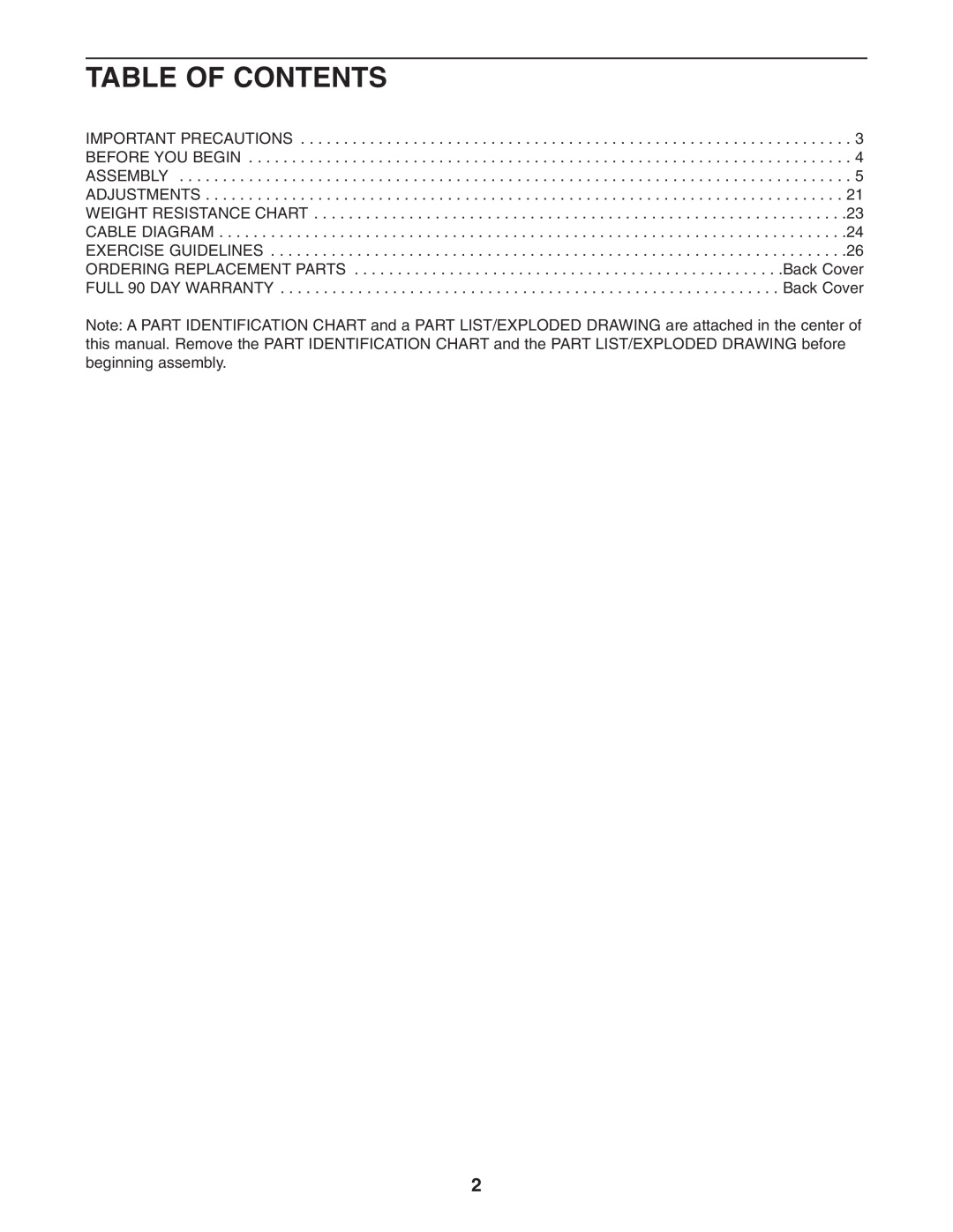 Weider 831.159822 user manual Table Of Contents 