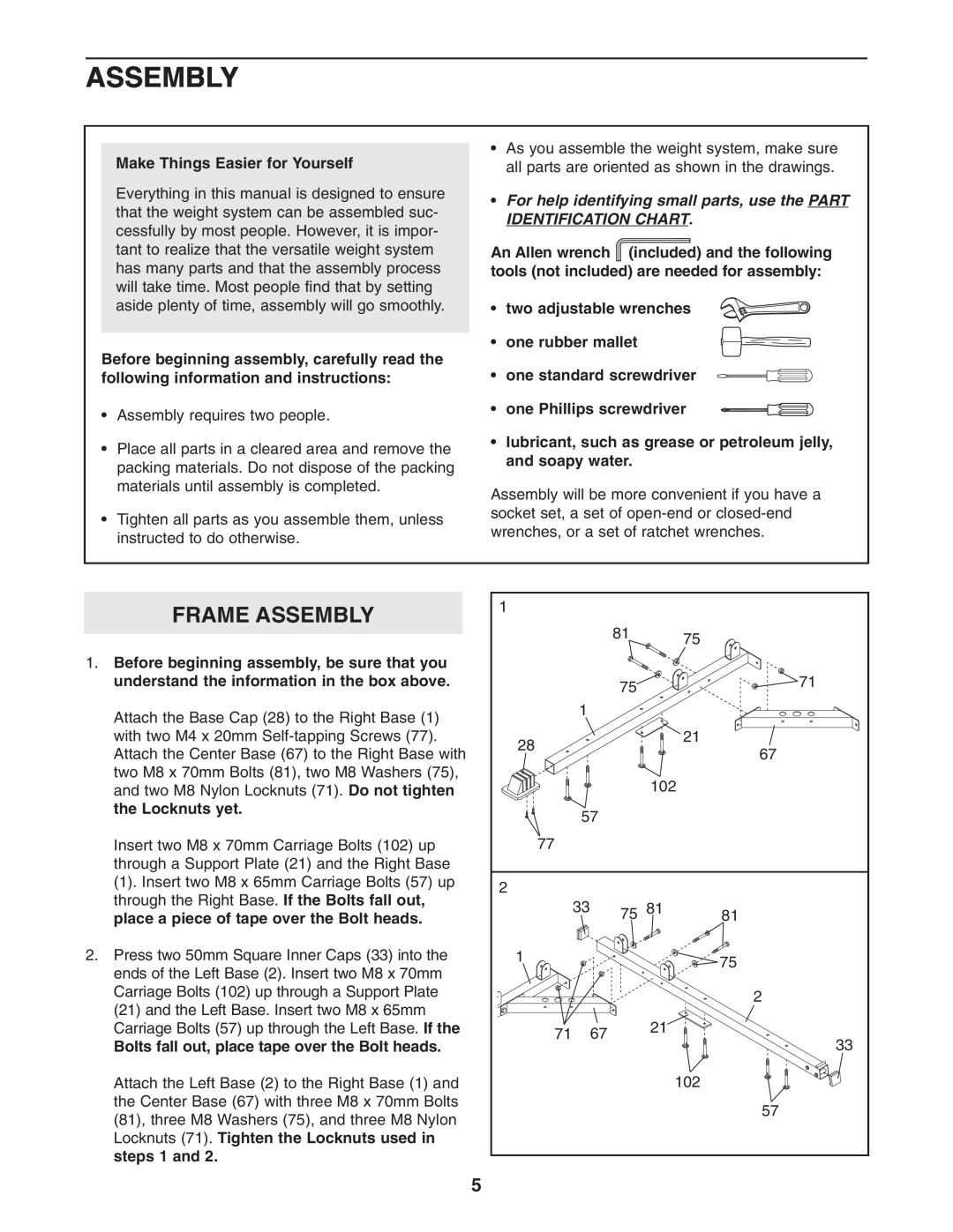 Weider 831.159822 user manual Frame Assembly, For help identifying small parts, use the PART IDENTIFICATION CHART 