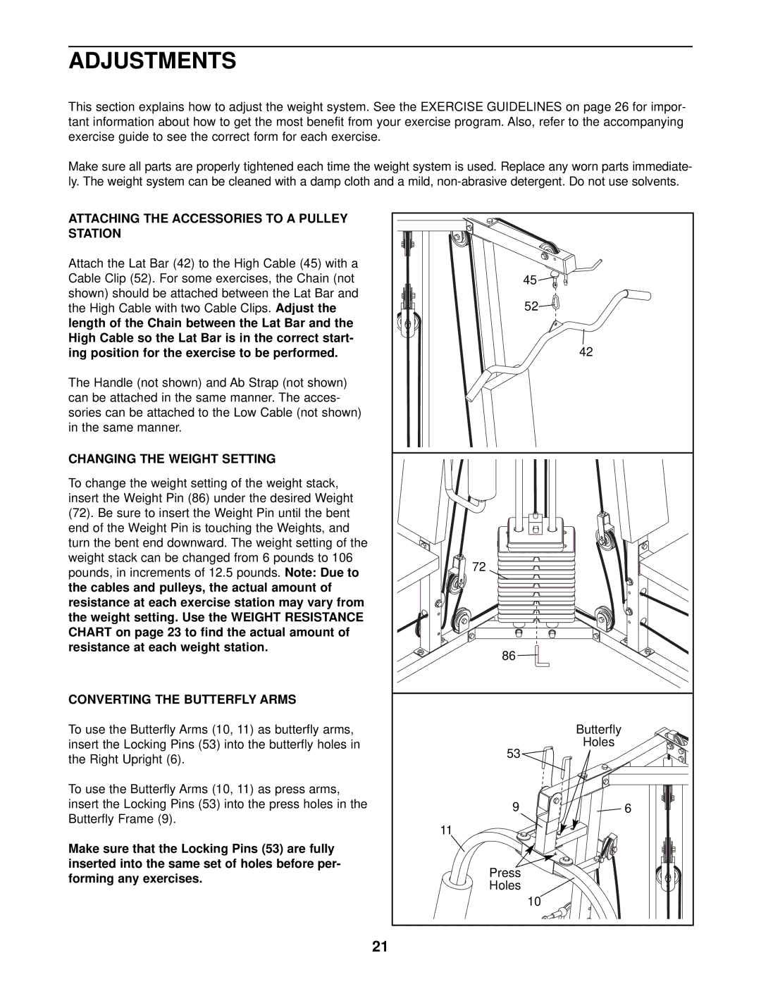 Weider 831.159823 user manual Adjustments, Attaching the Accessories to a Pulley Station, Changing the Weight Setting 